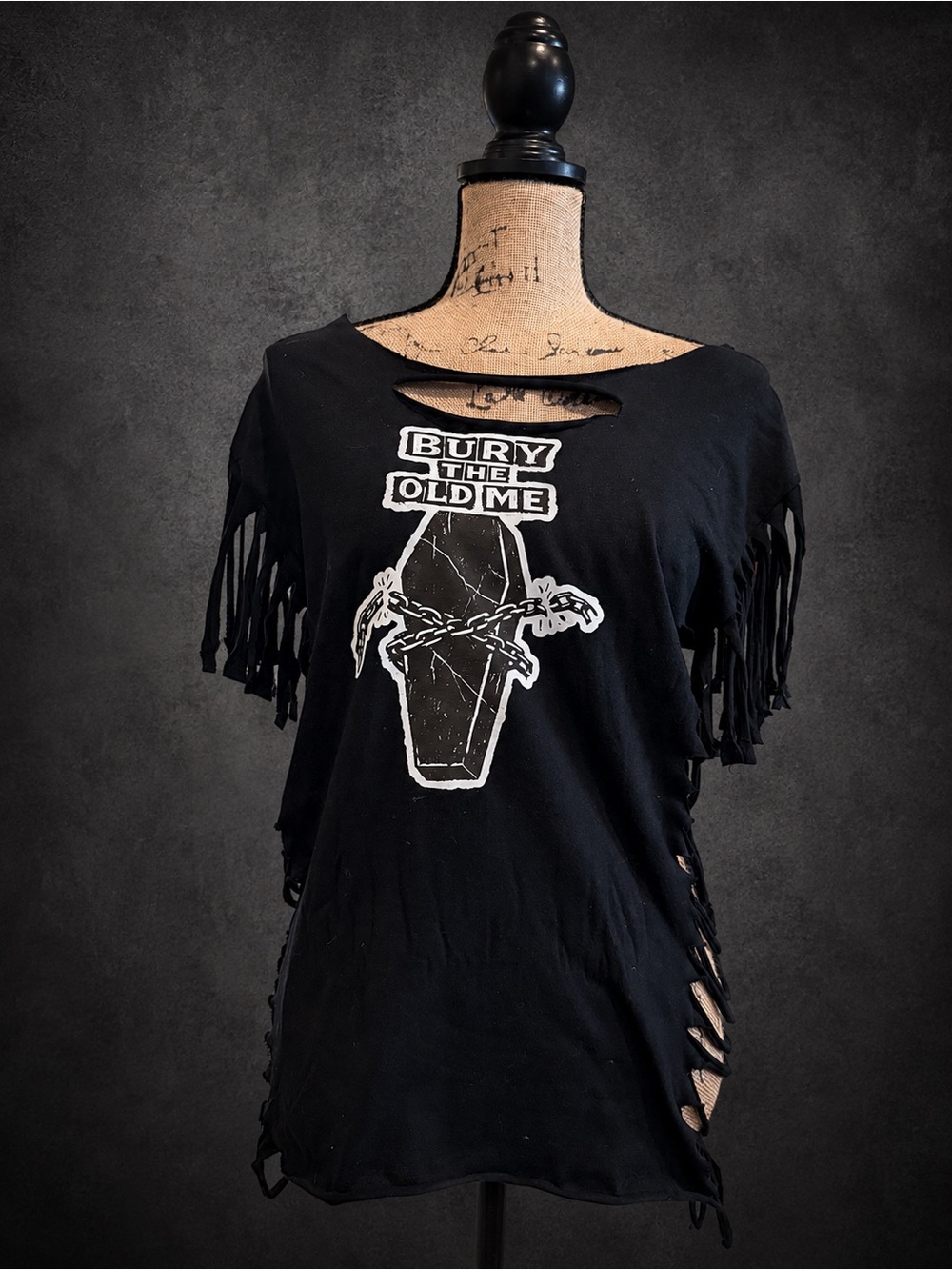 Black Graphic Fringe Tee with Coffin Print - "Bury The Old Me"